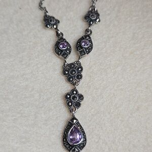 SET: VINTAGE Sterling Silver, Amethyst & Marcasite Pendant Necklace & Earrings